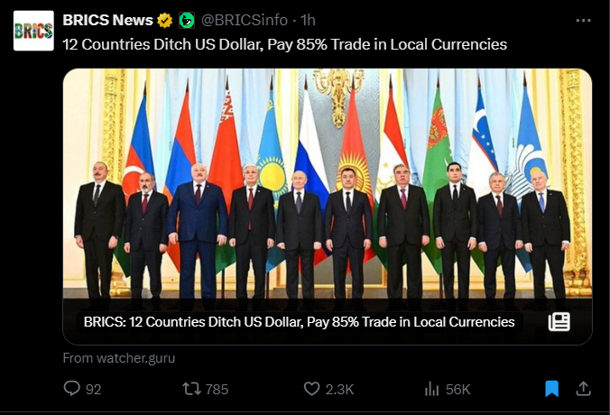 ImZiaulHaque's tweet image. END OF US DOLLAR: GOOD SIGN FOR CRYPTO? ⚠️

BRICS, a coalition of emerging superpowers, is rapidly rejecting the US Dollar in favor of decentralized payment systems.

USD Reserves fall below 60% for the 1st time since 1995. 🔻🔻

The formula is simple when USD weakens, crypto…