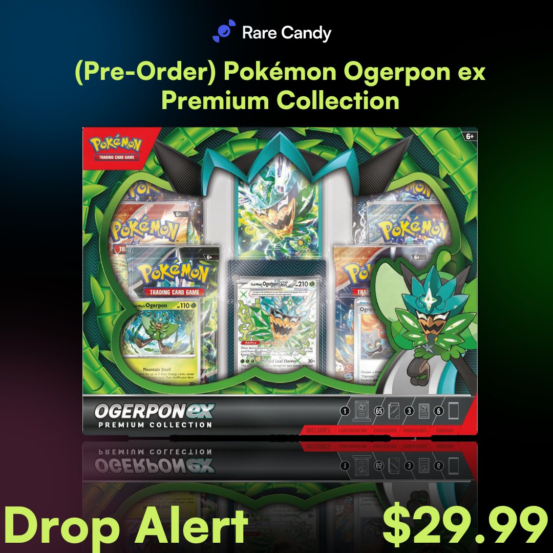 Pre-order the Ogerpon ex Premium Collection. This collection is packed with  a foil promo card featuring Teal Mask Ogerpon ex, 6 booster packs, a  magnetic card protector, 65 Ogerpon card sleeves, and