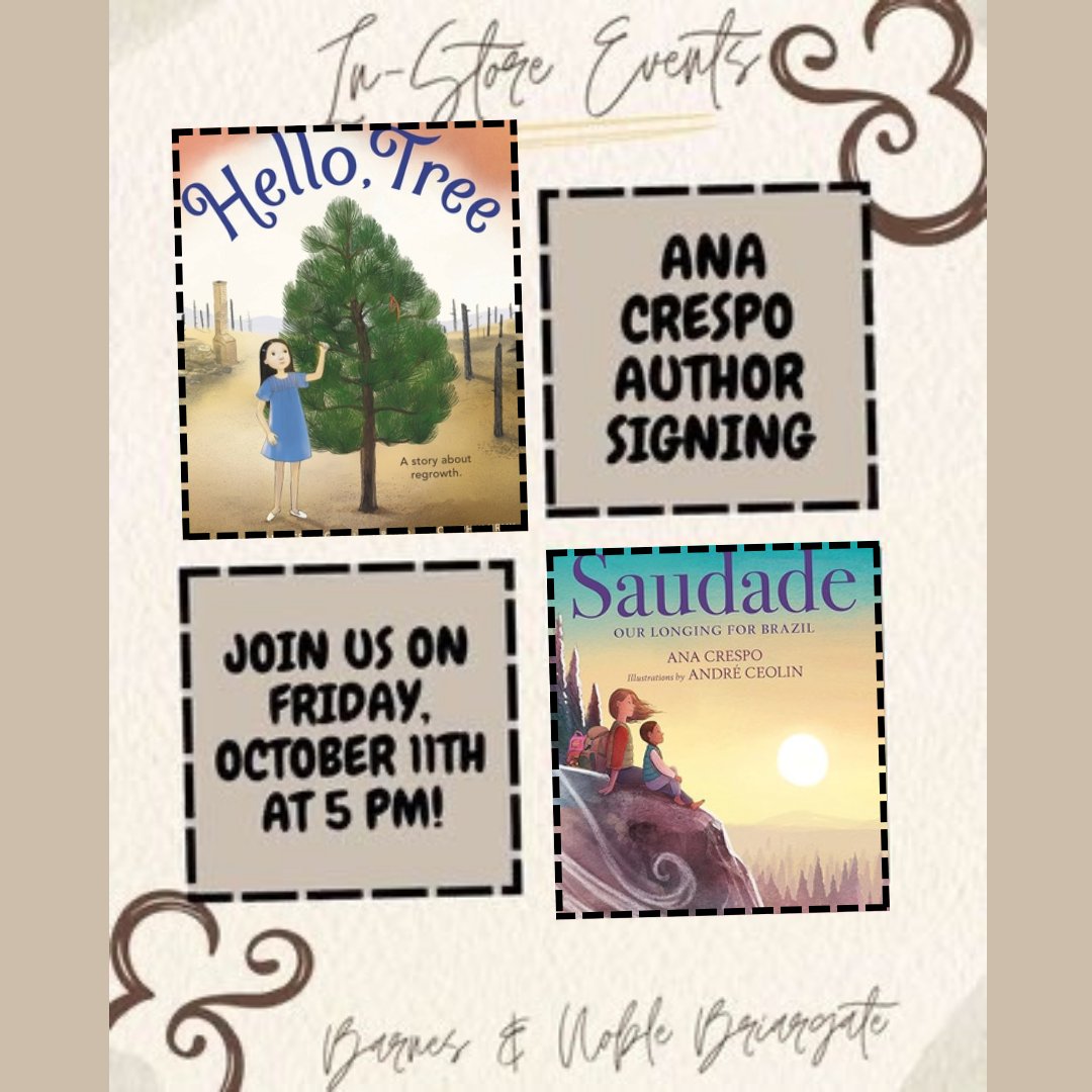 StacySJensen's tweet photo. #Colorado Springs Friends: Author @AnaCrespoBooks will have an event at the Barnes &amp; Noble at Briargate on Friday, Oct. 11 at 5 pm. SAUDADE: Our Longing for Brazil shares an experience we've all felt. Hello, Tree is inspired by CO wildfires. Both are wonderful  books.@BNBuzz https://t.co/3PGuQXxZel