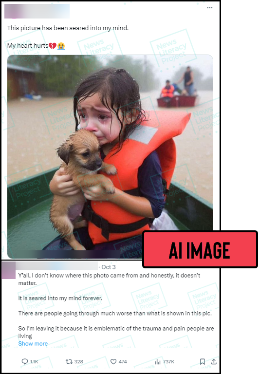 NewsLitProject's tweet photo. In case you haven't seen this across social media yet ... ❌ NO: It's not a genuine photo from after #HurricaneHelene. It's AI-generated. 

As #HurricaneMilton nears FL, remember that bad actors use posts with strong emotional appeals to spread falsehoods: https://t.co/JHLDRFdzDq https://t.co/NvLZlPcu8G