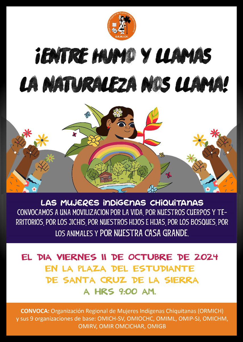 Replicamos: LAS MUJERES INDIGENAS CHIQUITANAS CONVOCAN A UNA MOVILIZACION POR LA VIDA, POR LOS CUERPOS Y TE- RRITORIOS, POR LOS JICHIS, POR LOS HIJOS E HIJAS, POR LOS BOSQUES, POR LOS ANIMALES Y POR LA CASA GRANDE.

📅 Viernes 11 de Octubre 
🕗 9 am.
📌 Plaza del Estudiante