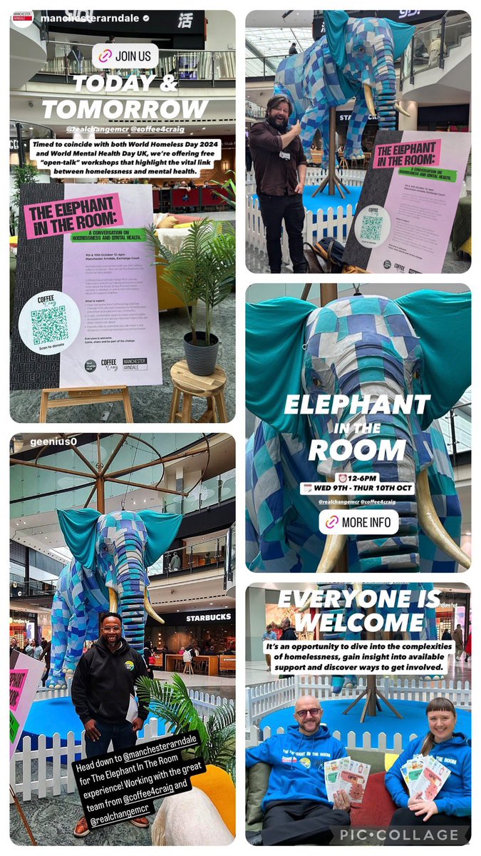 Our team have been <a href="/manarndale/">Manchester Arndale</a> today for ‘The Elephant in The Room’ talking about the complexities of homelessness &amp; mental health &amp; what support is available.
Join us again tomorrow Thursday 10th #WorldHomelessnessDay &amp; #WorldMentalHealthDay 
12-6pm
Exchange Court near Next.