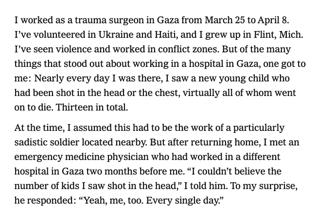 65 doctors, nurses, and paramedics told the New York Times what they saw in Gaza. What they saw was a pattern of children being shot in the head.