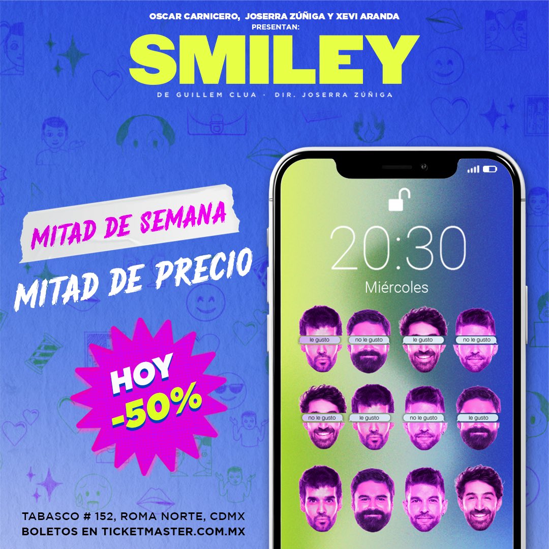 🚨El momento más esperado llegó 🚨

Solo por HOY la mitad de semana ¡Mitad de precio en #SMILEY !

🔥Aprovecha la promoción y compra tus boletos con 50% de descuento🔥

🗓️Jueves, 8:30 pm
🎟️Compra tus boletos en  shops.ticketmasterpartners.com/smileyprom50