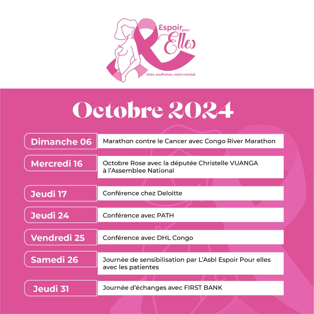 #OctobreRose <a href="/FirstBankDRC/">FirstBank DRC</a> <a href="/Pourelleinfo1/">POURELLE.INFO</a> @maguy_mbuku <a href="/CarineNanikian/">Carine Nanikian</a> <a href="/AbedAchour/">Abed Achour</a> <a href="/CentreNganda/">Centre hospitalier Nganda</a> <a href="/LitsaniChoukran/">Litsani Choukran</a> <a href="/PatrickMuyaya/">Patrick Muyaya</a> <a href="/MinSanteRDC/">Ministère de la Santé RDC</a> <a href="/laliguecancer/">La Ligue contre le cancer</a> <a href="/TLMCofficiel/">Tout le monde contre le cancer</a>
