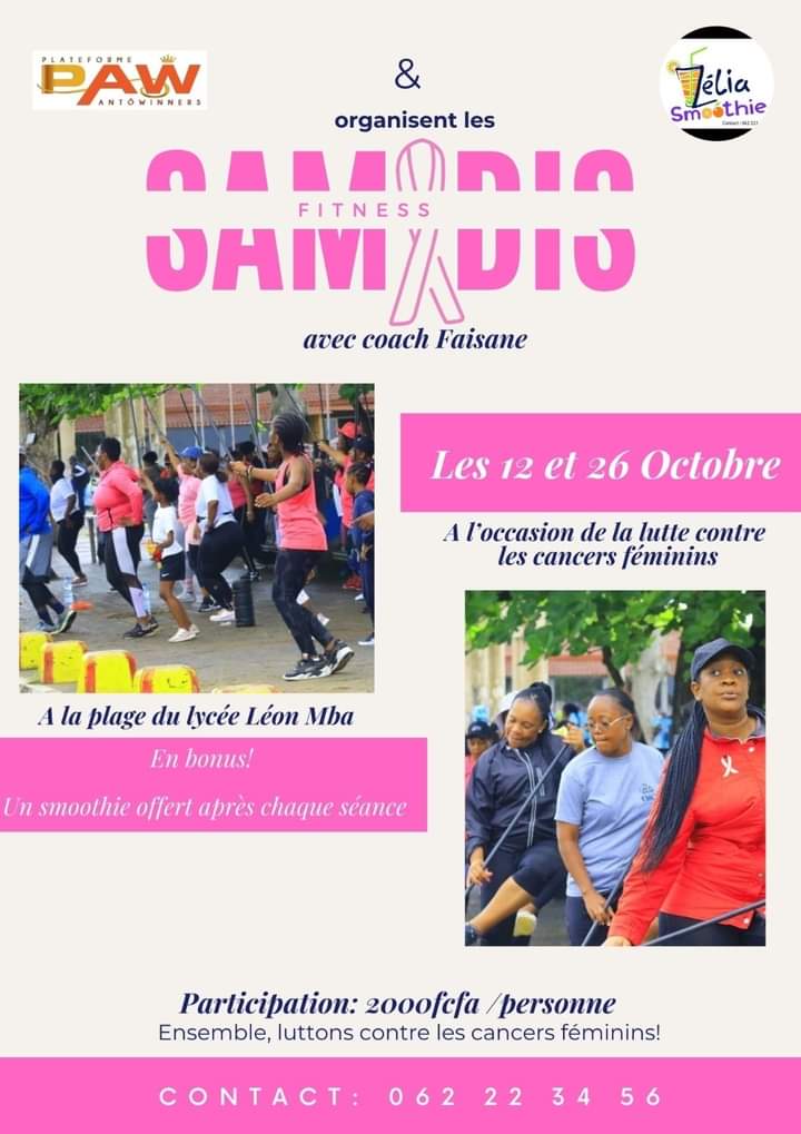 [Octobre_Rose]

📍 Lieu: plage du lycée Léom MBA 
Heure: 8h30 
Participation: 2000f/personne
☎️ Contact: 062 22 34 56 

Ensemble, disons non aux cancers féminins✊🏾 

#Paw #OctobreRose2024 #Sport #stopcancersféminins