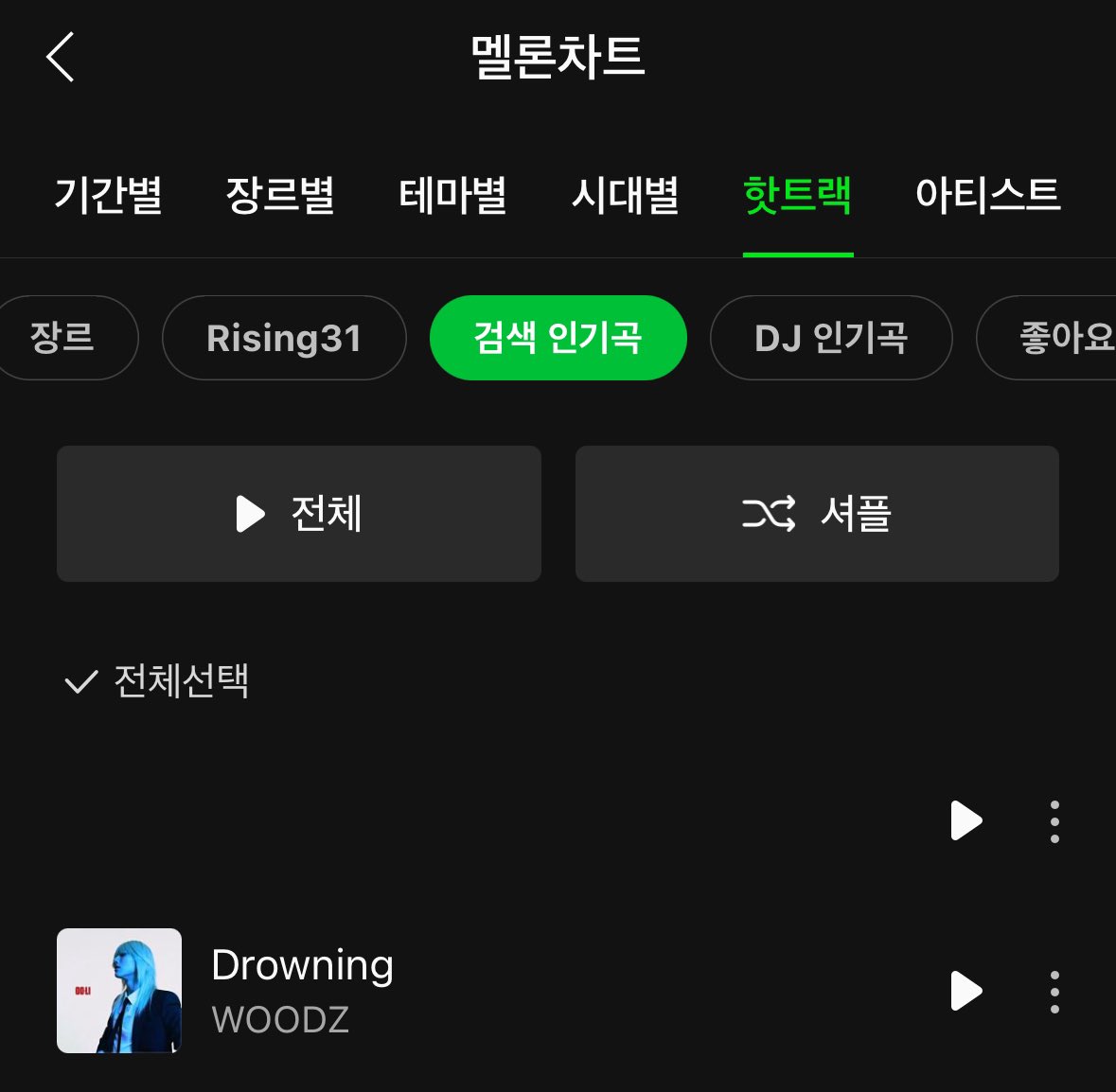 멜론차트 검색인기곡 상단에 드라우닝있당