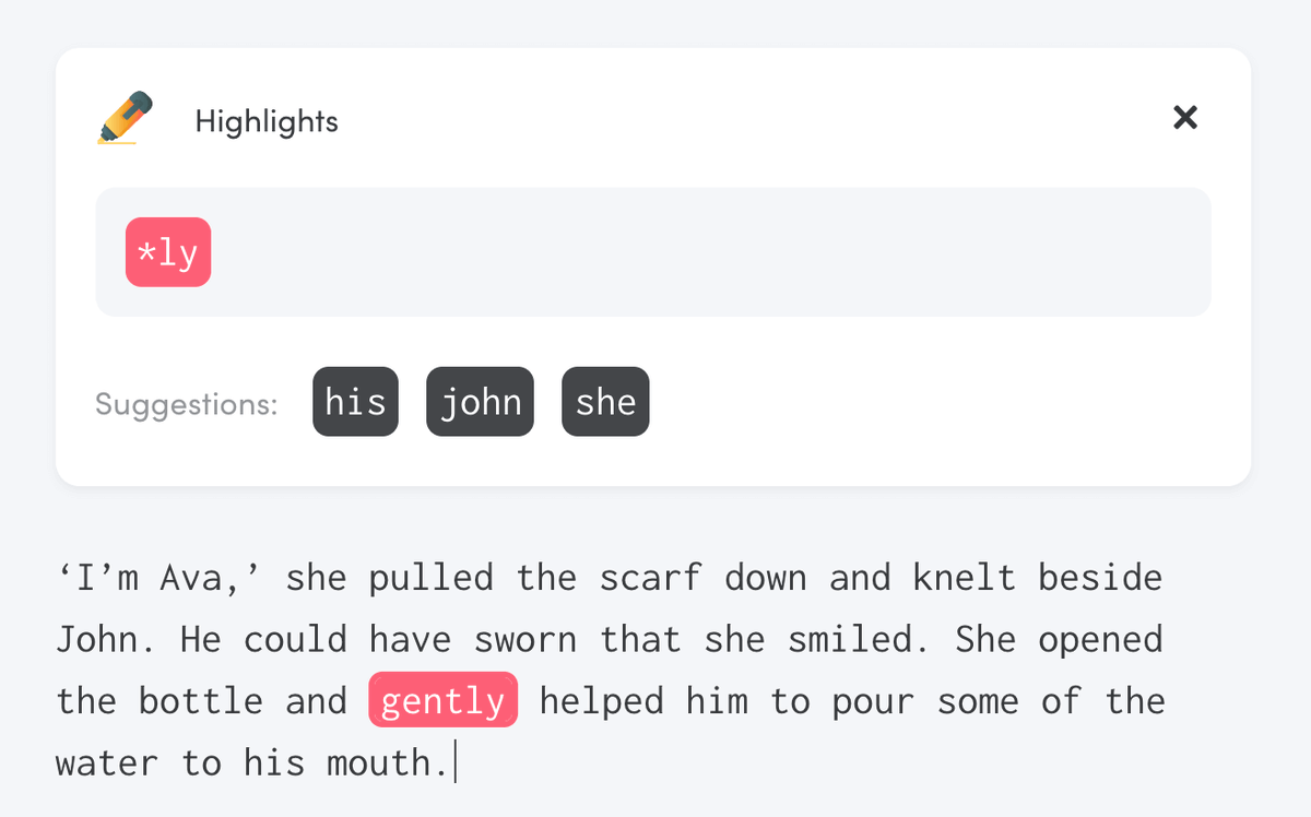 writinglytics's tweet image. Trying to use fewer adverbs? Create a wildcard highlight, and you'll know instantly when you type one in!

#WritingCommunity #writers