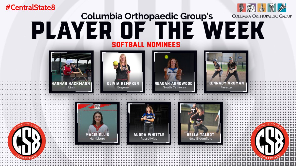 Central State 8 (@centralstate8) on Twitter photo Check out this week’s Central State 8 Softball Player of the Week nominees by the Columbia Orthopaedic Group!!!
forms.gle/KfNpLxHakY881E…
#CS8 <a href="/R_VilleStudents/">RHS Student Body</a> <a href="/ColeRV1/">Cole County R-V School</a> <a href="/FayetteFalcons/">Fayette High School</a> <a href="/ActivitiesNbhs/">NBHS Activities</a> <a href="/AthleticsSCHS/">SC Athletics</a> @HarrisburgAth <a href="/Linn_Athletics/">Linn Athletic Department</a> <a href="/THSActivities1/">Tipton MS/HS</a> <a href="/ColumbiaOrtho/">Columbia Orthopaedic</a> Check out this week’s Central State 8 Softball Player of the Week nominees by the Columbia Orthopaedic Group!!!
forms.gle/KfNpLxHakY881E…
#CS8 <a href="/R_VilleStudents/">RHS Student Body</a> <a href="/ColeRV1/">Cole County R-V School</a> <a href="/FayetteFalcons/">Fayette High School</a> <a href="/ActivitiesNbhs/">NBHS Activities</a> <a href="/AthleticsSCHS/">SC Athletics</a> @HarrisburgAth <a href="/Linn_Athletics/">Linn Athletic Department</a> <a href="/THSActivities1/">Tipton MS/HS</a> <a href="/ColumbiaOrtho/">Columbia Orthopaedic</a>