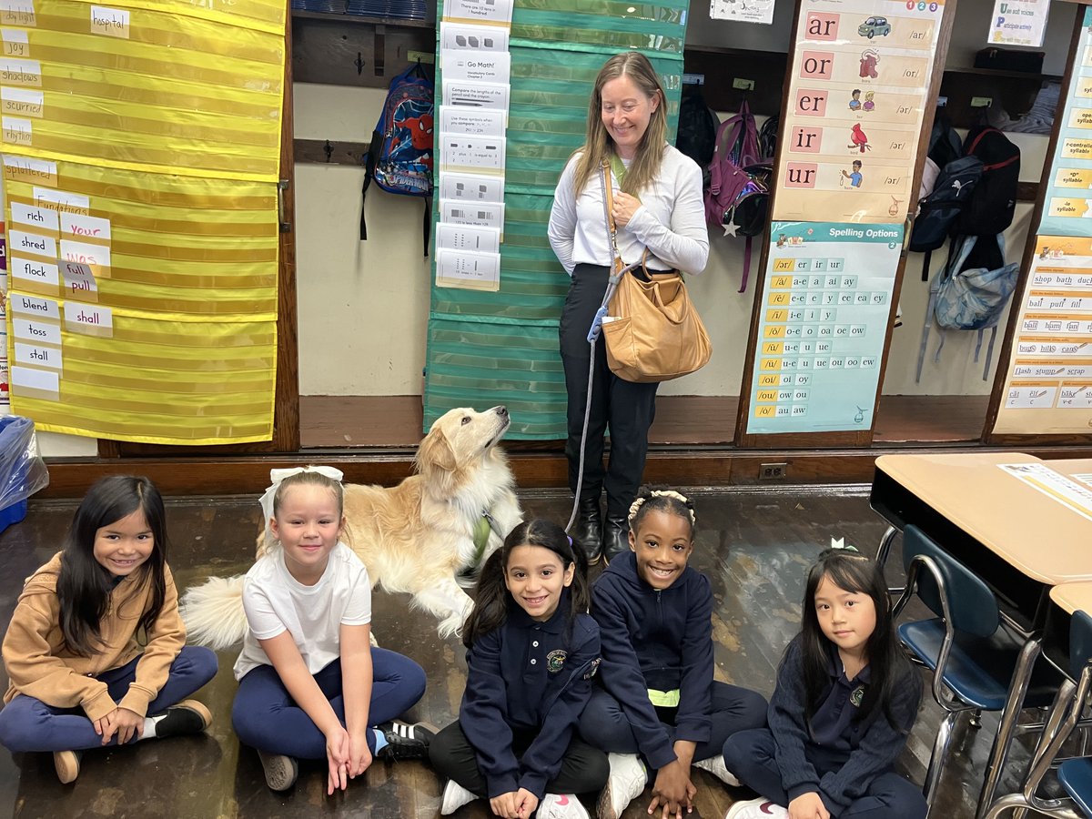 Today Mrs. Arrigo's second grade class was visited by Mabel.  Mabel is Bayonne School District's trained therapy dog.   The students learned the advantages of having a therapy dog in our schools.