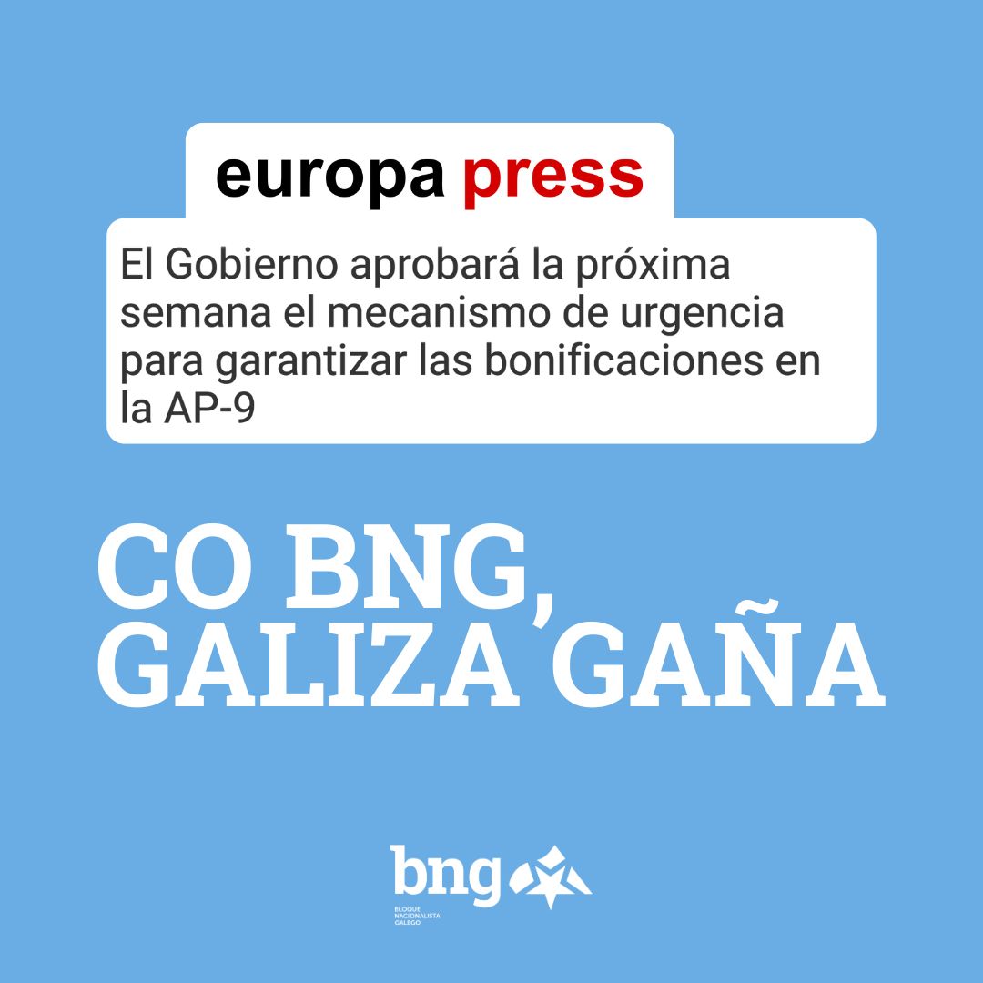 [🔴ULTIMA HORA] BNG consegue que o Goberno aprobe a tramitación de urxencia para as novas bonificacións da AP-9.

O vindeiro de Consello de Ministros aprobará esta decisión que abre a porta a aplicar as 𝗻𝗼𝘃𝗮𝘀 𝗯𝗼𝗻𝗶𝗳𝗶𝗰𝗮𝗰𝗶𝗼́𝗻𝘀 𝗱𝗲 𝗮𝘁𝗲́ 𝟳𝟱% logradas polo BNG.