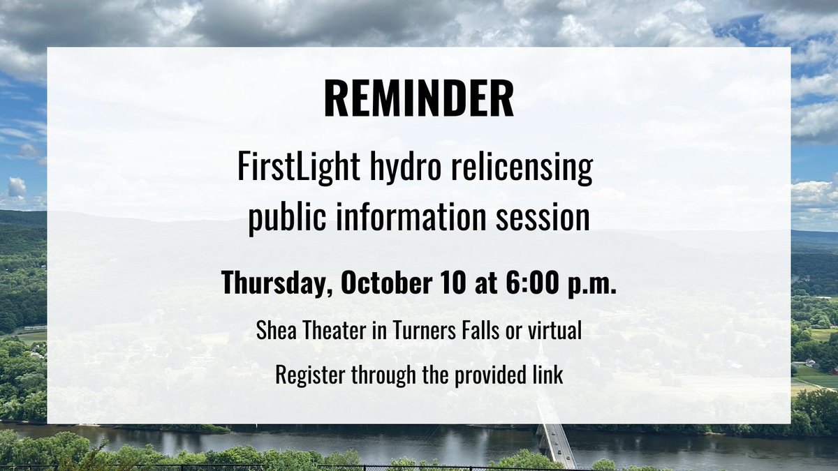 📢 Please join us TOMORROW for a HYBRID INFORMATION SESSION with <a href="/MassDEP/">MassDEP</a> on FirstLight hydro relicensing 📢

Register here: bit.ly/3XZedQX

More info here: bit.ly/3BBKxSd