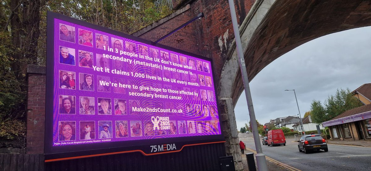 We're so thrilled to see these digital boards in parts of London, Manchester &amp; Glasgow raising awareness about secondary (metastatic) breast cancer! Thanks to <a href="/TodayAgencyUK/">Today</a> <a href="/75Medialtd/">75Media</a> &amp; Four Marketing Agency for this collaboration. #BreastCancerAwarenessMonth #1000Truths