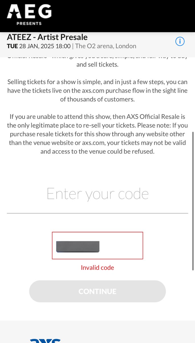 fixon333's tweet photo. after trying for two days to get tickets for the ateez presale i wasn’t allowed to enter because @AEG_Presents has provided me a wrong code despite me paying a membership Ive emailed them twice an hour before the presale for them to confirm my code and they haven’t responded https://t.co/GUyGiyoOR9