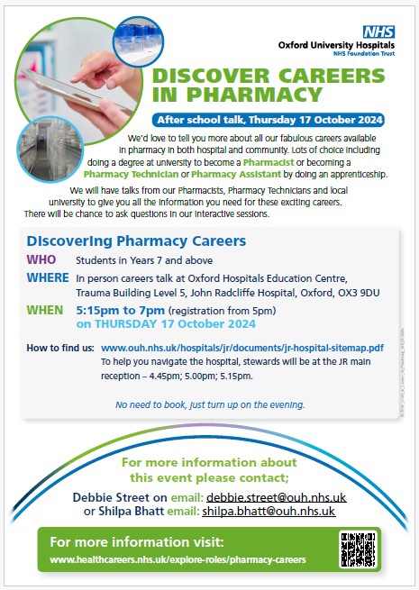 💊 <a href="/OUHospitals/">OUH</a> are holding a 'Discover Careers in Pharmacy' event on 17 Oct from 17:15 to 19:00 at the John Radcliffe Hospital in Oxford for young people in Year 7 and above and their parents/carers to find out all about the amazing careers &amp; opportunities available in pharmacy.