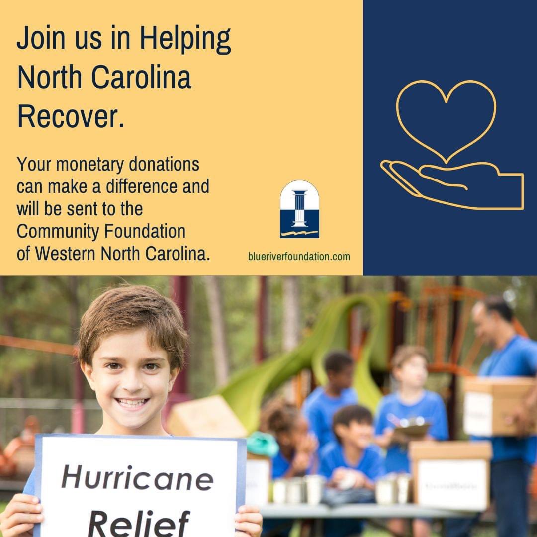 SC residents can make donations to help with the hurricane relief efforts in North Carolina by making a donation to the Shelby County Disaster Recovery Fund until 10/31. BRCF will send all donations to the  Community Foundation of Western North Carolina. form.jotform.com/233178345673160