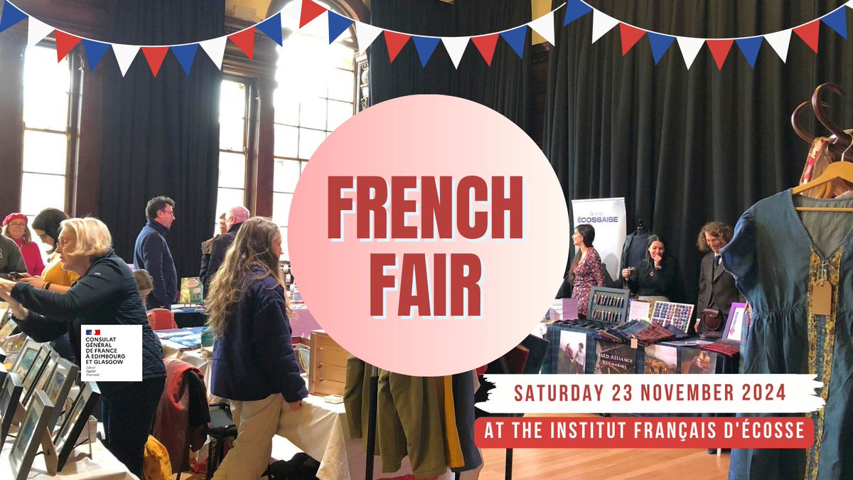 🎉 Save the Date!

The French Fair will come back to the <a href="/ifecosse/">Institut français d'Ecosse</a> on Saturday 23 November from 10am to 4pm! Come to discover the many talents among the #French community in #Scotland, and find unique hand-made gift ideas! ✨

Sat 23 Nov - 10am to 4pm
👉 ifecosse.org.uk/events-agenda/…