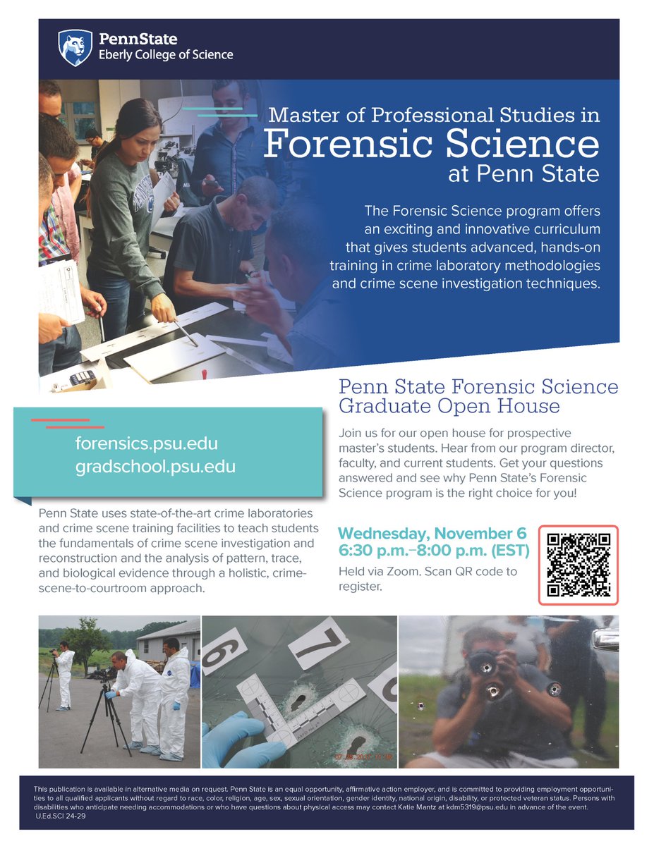 The fourth annual Penn State Forensic Science Virtual Open House for prospective grad students will be on Wednesday, November 6th, 2024 from 6:30p-8:00p Eastern time. Click shorturl.at/7Jvgs to register for this year's open house!