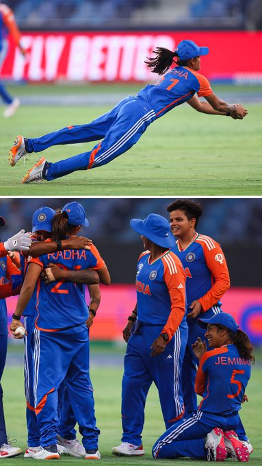 An extraordinary catch from Radha Yadav! 🤯  Sri Lanka 42/3 in the 8th over