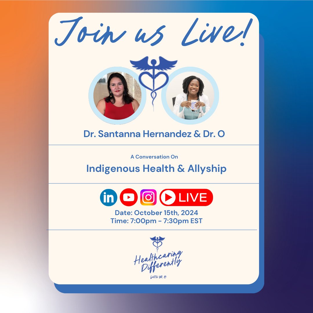 Healthcaring Differently (@hcdforyou) on Twitter photo Join <a href="/DrONnorom/">Dr. Onye Nnorom</a> Oct 15th @ 7PM EST with Dr. Santanna Hernandez as she shares her journey & how to support Indigenous communities in healthcare!
Tune in on IG, Linkedin & YouTube Live!
#HealthcaringDifferently #Premed #Medstudent #Medschool #Allyship #IndigenousVoices Join <a href="/DrONnorom/">Dr. Onye Nnorom</a> Oct 15th @ 7PM EST with Dr. Santanna Hernandez as she shares her journey & how to support Indigenous communities in healthcare!
Tune in on IG, Linkedin & YouTube Live!
#HealthcaringDifferently #Premed #Medstudent #Medschool #Allyship #IndigenousVoices