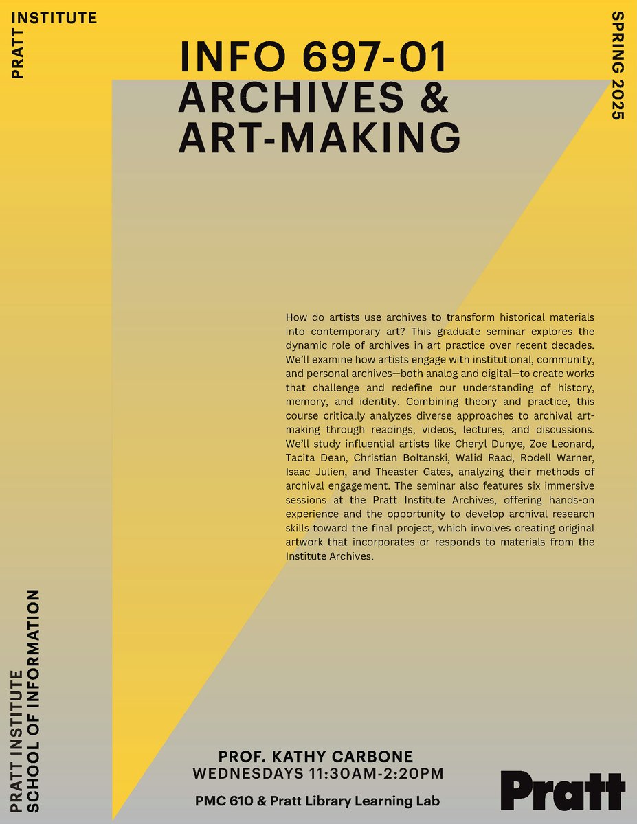 We also have 2 new special topics courses in the spring for the LIS and Museums Studies area, including:

Archives &amp; Art-Making
Artist Archives': Rome/New York (Spring break in Rome!)