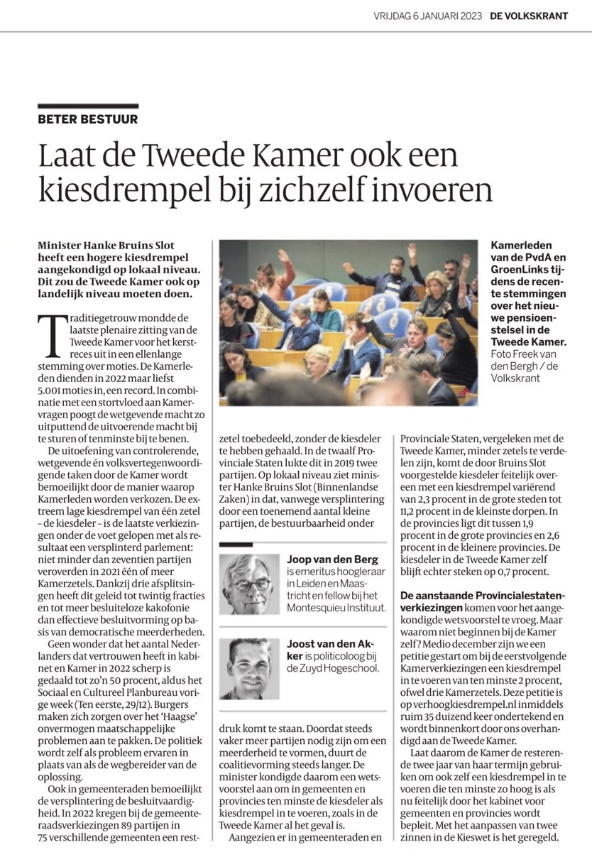 Goed dat de Tweede Kamer op initiatief van <a href="/SilvioErkens/">Silvio Erkens</a> vandaag de verhoging van de #kiesdrempel bespreekt. Maart 2023 dienden we er een #petitie in, met 40.000 handtekeningen. Ik betoogde er destijds over de <a href="/volkskrant/">de Volkskrant</a>: