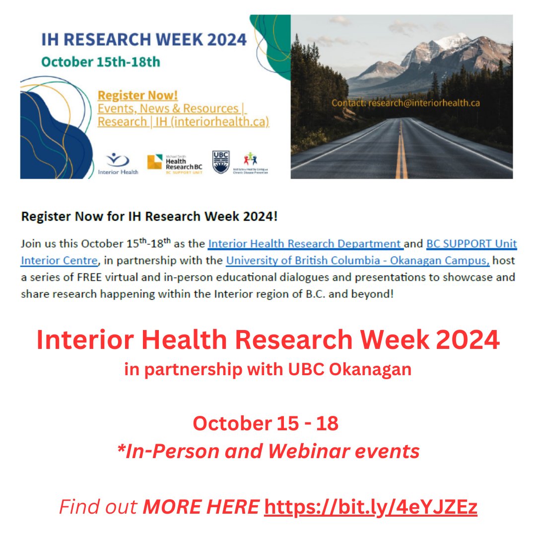 HealthyLivingUBC (@ihlcdp) on Twitter photo FREE and open to the public - Everyone is welcome.
In-person and virtual events
<a href="/Interior_Health/">Interior Health</a> Research Week 2024 in partnership with <a href="/UBCOkanagan/">UBC Okanagan</a> October 15 - 18
Learn more & REGISTER here bit.ly/4eYJZEz
<a href="/UBCONursing/">UBCO School of Nursing</a> <a href="/UBCFHSD/">UBC FHSD Okanagan</a> @UBCO_Research <a href="/fass_ubco/">FASS UBCO</a> <a href="/fos_ubco/">FOS UBCO</a> FREE and open to the public - Everyone is welcome.
In-person and virtual events
<a href="/Interior_Health/">Interior Health</a> Research Week 2024 in partnership with <a href="/UBCOkanagan/">UBC Okanagan</a> October 15 - 18
Learn more & REGISTER here bit.ly/4eYJZEz
<a href="/UBCONursing/">UBCO School of Nursing</a> <a href="/UBCFHSD/">UBC FHSD Okanagan</a> @UBCO_Research <a href="/fass_ubco/">FASS UBCO</a> <a href="/fos_ubco/">FOS UBCO</a>
