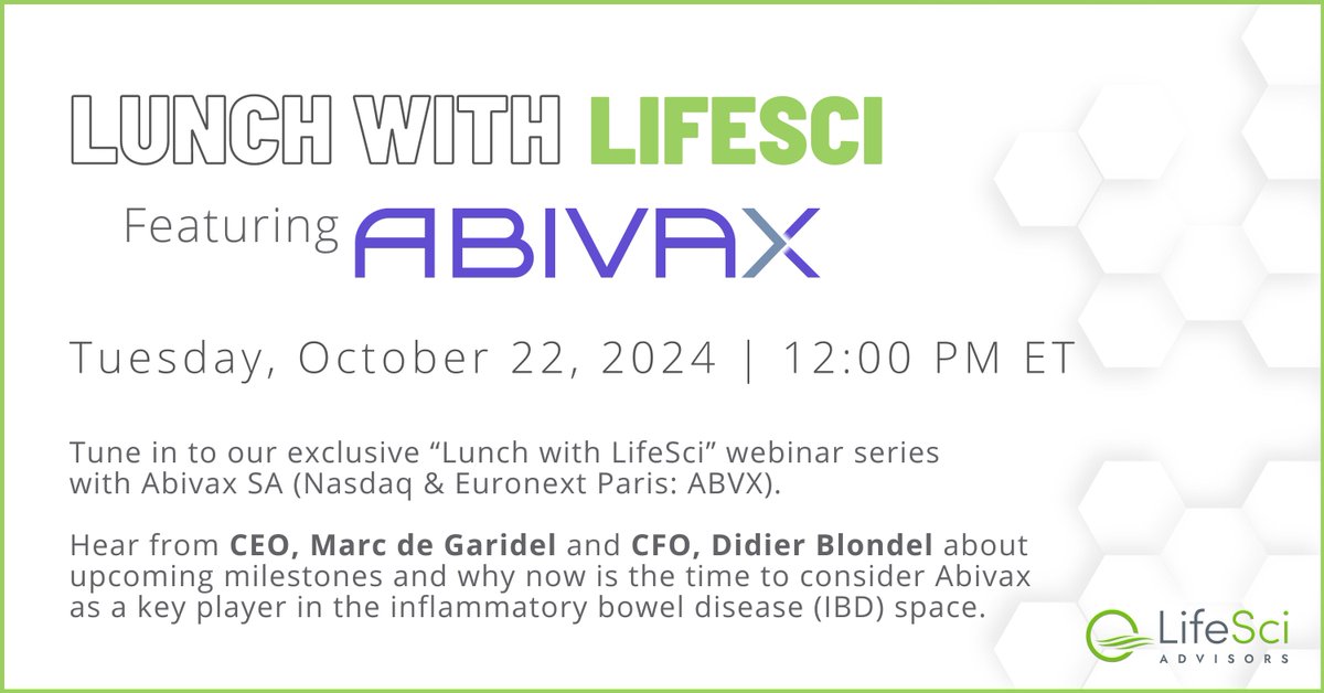LifeSciAdvisors's tweet photo. Join us on Tues, Oct. 22 at 12pm ET for the latest in our "Lunch with LifeSci" series with @Abivax_ $ABVX, featuring CEO, Marc de Garidel and CFO, Didier Blondel to discuss the growing need for new safe and durable treatments for IBD. Register: https://t.co/MOdsAeIap7 https://t.co/6t7wHC2mvc