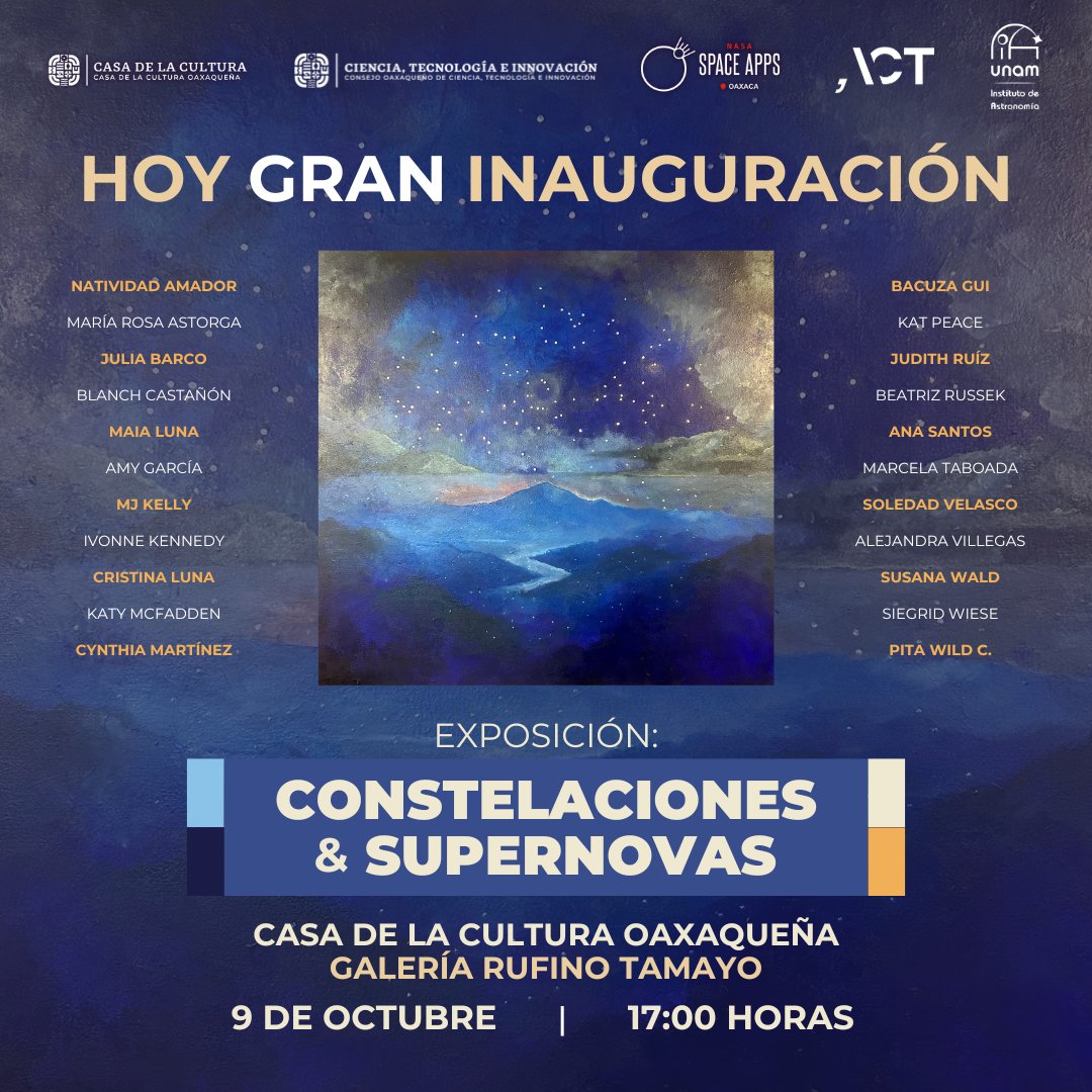 ¡Hoy es el día! 🚀✨
Acompáñanos a la inauguración de la exposición "Constelaciones y Supernovas". 🌌
En colaboración con <a href="/SpaceAppsOaxaca/">NASA Space Apps Challenge Oaxaca</a> y el Colectivo Arte Guenda.   

🗓️ 9 de octubre.   
🕔 17:00 horas.   
📍 Casa de la Cultura Oaxaqueña.  

<a href="/DesEconomicoOax/">Secretaría de Desarrollo Económico Oaxaca</a> <a href="/GobOax/">Gobierno de Oaxaca</a>
