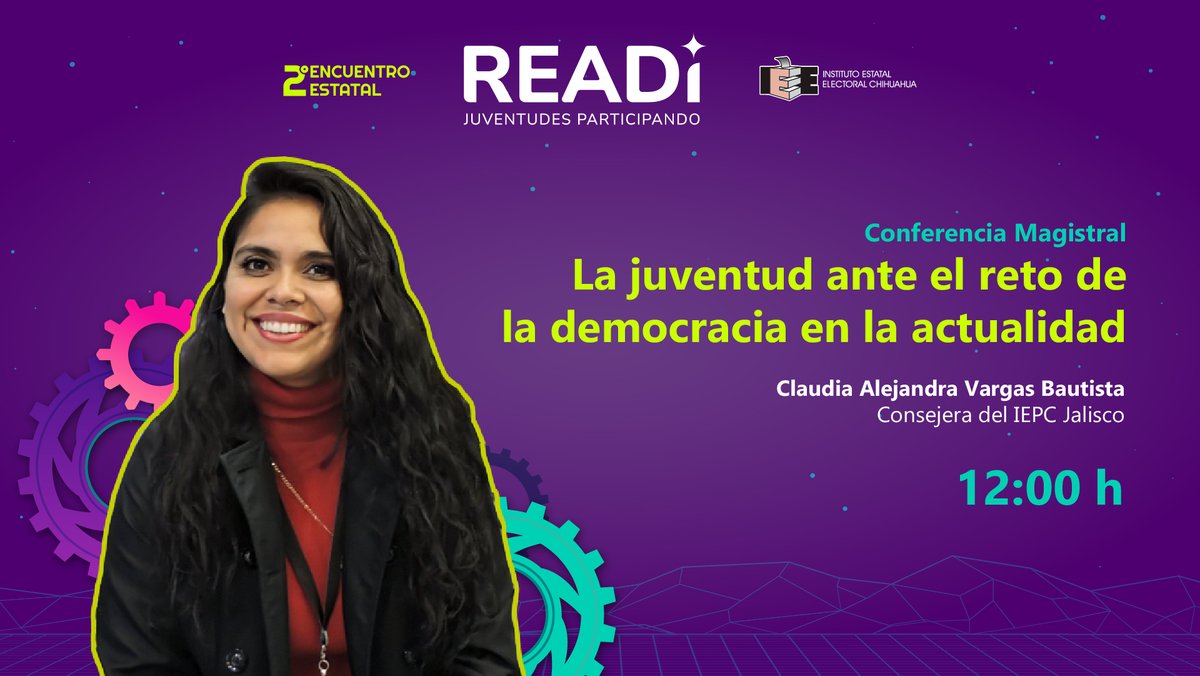 Instituto Estatal Electoral de Chihuahua (@ieechihuahua) on Twitter photo ¡No te pierdas la conferencia de la Consejera del <a href="/iepcjalisco/">IEPC Jalisco</a>, <a href="/ClaudiaAVargasB/">Claudia Alejandra Vargas B.</a>!
📢 "La juventud ante el reto de la democracia en la actualidad"
Miércoles 10 de octubre a las 12:00 h.
¡Nos vemos en READi! 🙌
#JuventudesParticipando #DemocraciaJuvenil #READi2024 ¡No te pierdas la conferencia de la Consejera del <a href="/iepcjalisco/">IEPC Jalisco</a>, <a href="/ClaudiaAVargasB/">Claudia Alejandra Vargas B.</a>!
📢 "La juventud ante el reto de la democracia en la actualidad"
Miércoles 10 de octubre a las 12:00 h.
¡Nos vemos en READi! 🙌
#JuventudesParticipando #DemocraciaJuvenil #READi2024