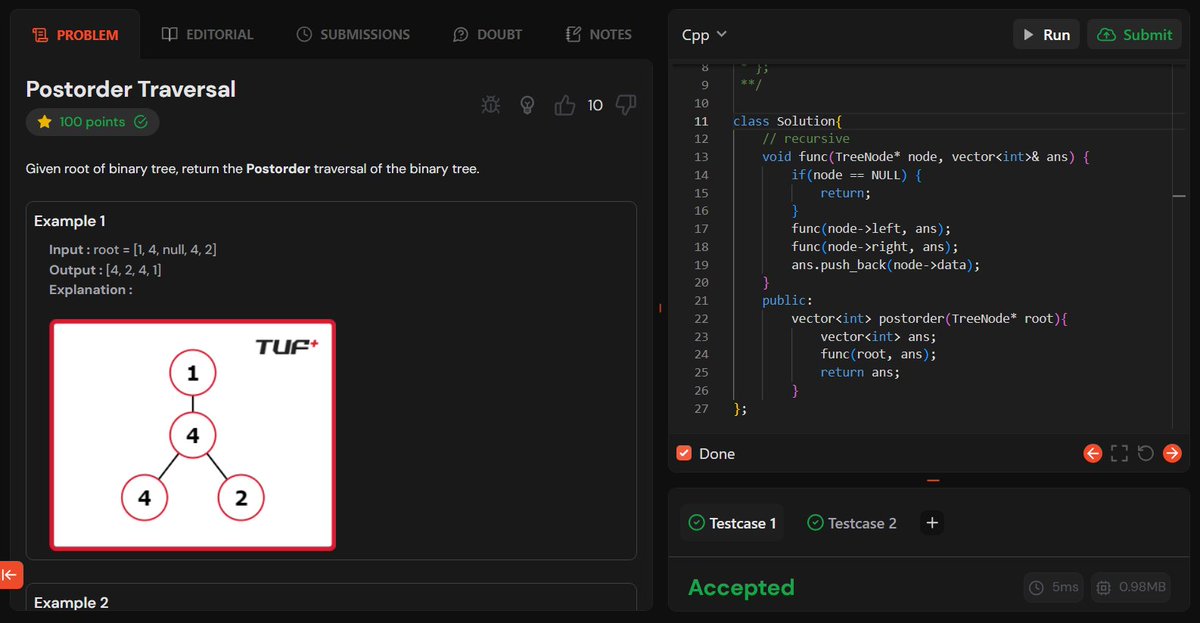 akshkumart's tweet image. Day 141:
TUF+ Q. Postorder Traversal (recursive)
Binary Trees shuru kardiya
#200daysofcodechallenge #connect