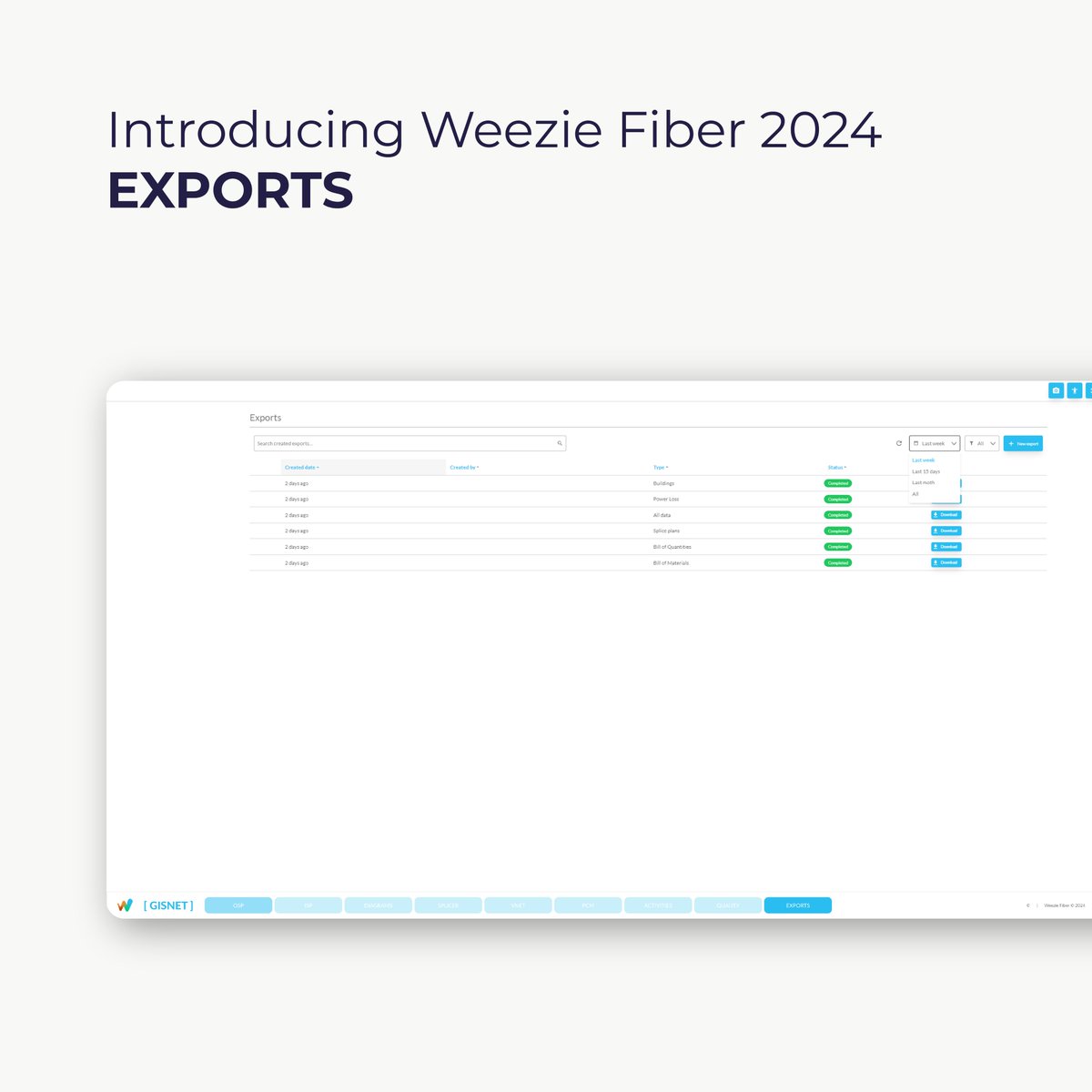 weeziesoftware's tweet photo. Introducing Weezie Fiber 2024 - Unleashing a new era in fiber network management 🚀

Simplify your operations with our renewed export functionality! Exporting multiple documents from your designed network is now effortless and just a few clicks away! https://t.co/GVD8TqJCTe