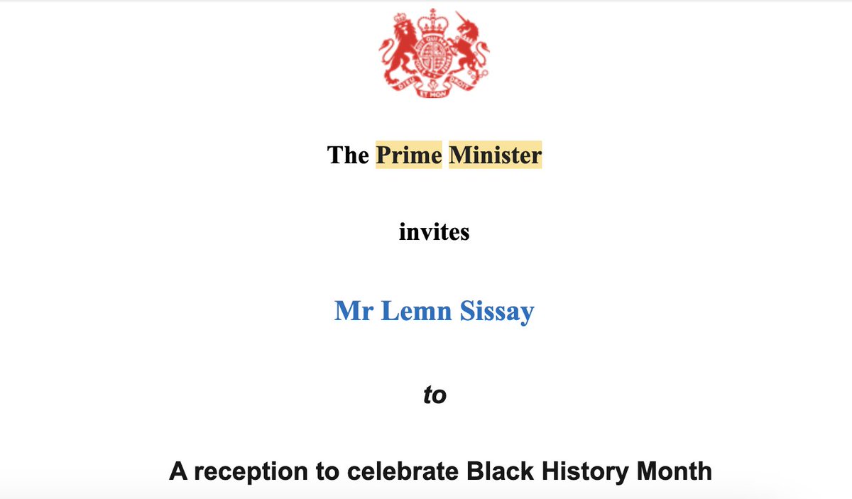 It is a historic day. The Prime Minister celebrates Black History Month at 10 Downing Street. I treasure this invite!  I remember when Black History Month was confined to community centres and passionate community workers, long before BLM. 

I CAN'T GO 'cause I am on tour.  :-(