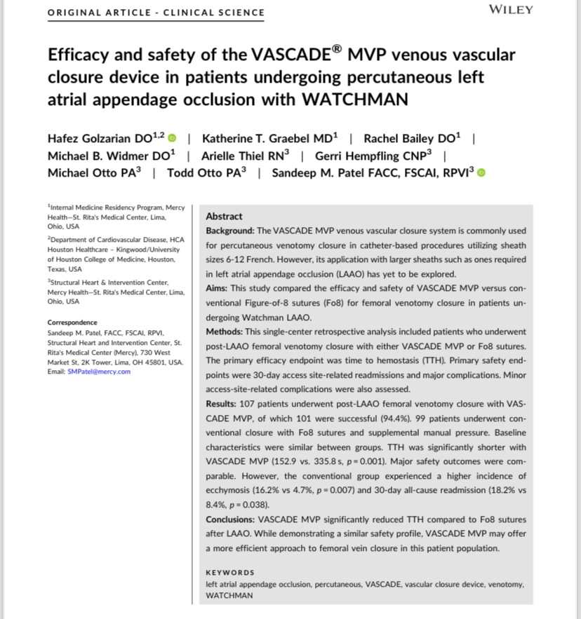 Our latest 📝🆕

VASCADE MVP ✅ safe on venotomies up to 15.5 Fr!

Compared to Fo8 closure: 
 - Time to Hemostasis, Ambulation, 
    Discharge ⬇️⬇️
 - Vascular Complications ⬇️
 - Overall Safety ↔️

Read how: pubmed.ncbi.nlm.nih.gov/39279138/ 

<a href="/SMPatelMD/">Sandeep M Patel, M.D.</a> <a href="/ccijournal/">CCIjournal</a>