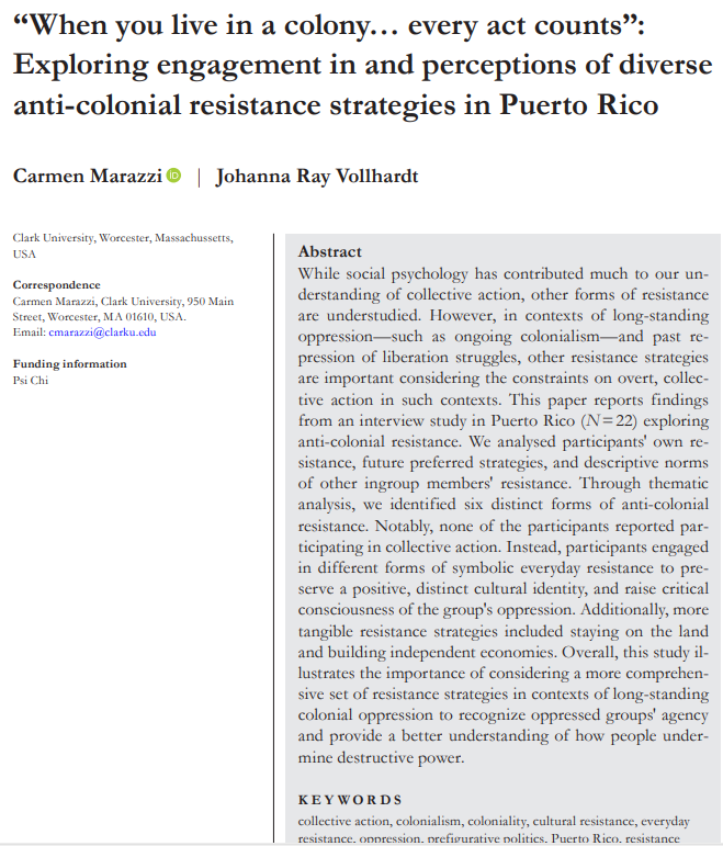 Johanna Ray Vollhardt (jrvollhardt.bsky.social) (@jorayvo) on Twitter photo Now published and open access: "'When you live in a colony... every act counts': Exploring engagement in and perceptions of anti-colonial resistance strategies in Puerto Rico" bpspsychub.onlinelibrary.wiley.com/doi/10.1111/bj… Now published and open access: "'When you live in a colony... every act counts': Exploring engagement in and perceptions of anti-colonial resistance strategies in Puerto Rico" bpspsychub.onlinelibrary.wiley.com/doi/10.1111/bj…