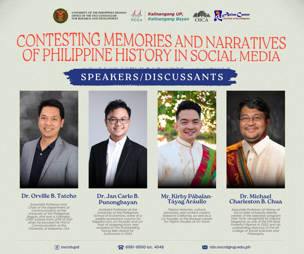 UP Asian Center (@upasiancenter) on Twitter photo MEET THE SPEAKERS of "๐๐ผ๐ป๐๐ฒ๐๐๐ถ๐ป๐ด ๐ ๐ฒ๐บ๐ผ๐ฟ๐ถ๐ฒ๐ ๐ฎ๐ป๐ฑ ๐ก๐ฎ๐ฟ๐ฟ๐ฎ๐๐ถ๐๐ฒ๐ ๐ผ๐ณ ๐ฃ๐ต๐ถ๐น๐ถ๐ฝ๐ฝ๐ถ๐ป๐ฒ ๐๐ถ๐๐๐ผ๐ฟ๐ ๐ถ๐ป ๐ฆ๐ผ๐ฐ๐ถ๐ฎ๐น ๐ ๐ฒ๐ฑ๐ถ๐ฎ" onsite on 14 October 2024, 9 AM, PST at the UP Asian Center! View details | Sign up: bit.ly/contestingmemoโฆ MEET THE SPEAKERS of "๐๐ผ๐ป๐๐ฒ๐๐๐ถ๐ป๐ด ๐ ๐ฒ๐บ๐ผ๐ฟ๐ถ๐ฒ๐ ๐ฎ๐ป๐ฑ ๐ก๐ฎ๐ฟ๐ฟ๐ฎ๐๐ถ๐๐ฒ๐ ๐ผ๐ณ ๐ฃ๐ต๐ถ๐น๐ถ๐ฝ๐ฝ๐ถ๐ป๐ฒ ๐๐ถ๐๐๐ผ๐ฟ๐ ๐ถ๐ป ๐ฆ๐ผ๐ฐ๐ถ๐ฎ๐น ๐ ๐ฒ๐ฑ๐ถ๐ฎ" onsite on 14 October 2024, 9 AM, PST at the UP Asian Center! View details | Sign up: bit.ly/contestingmemoโฆ