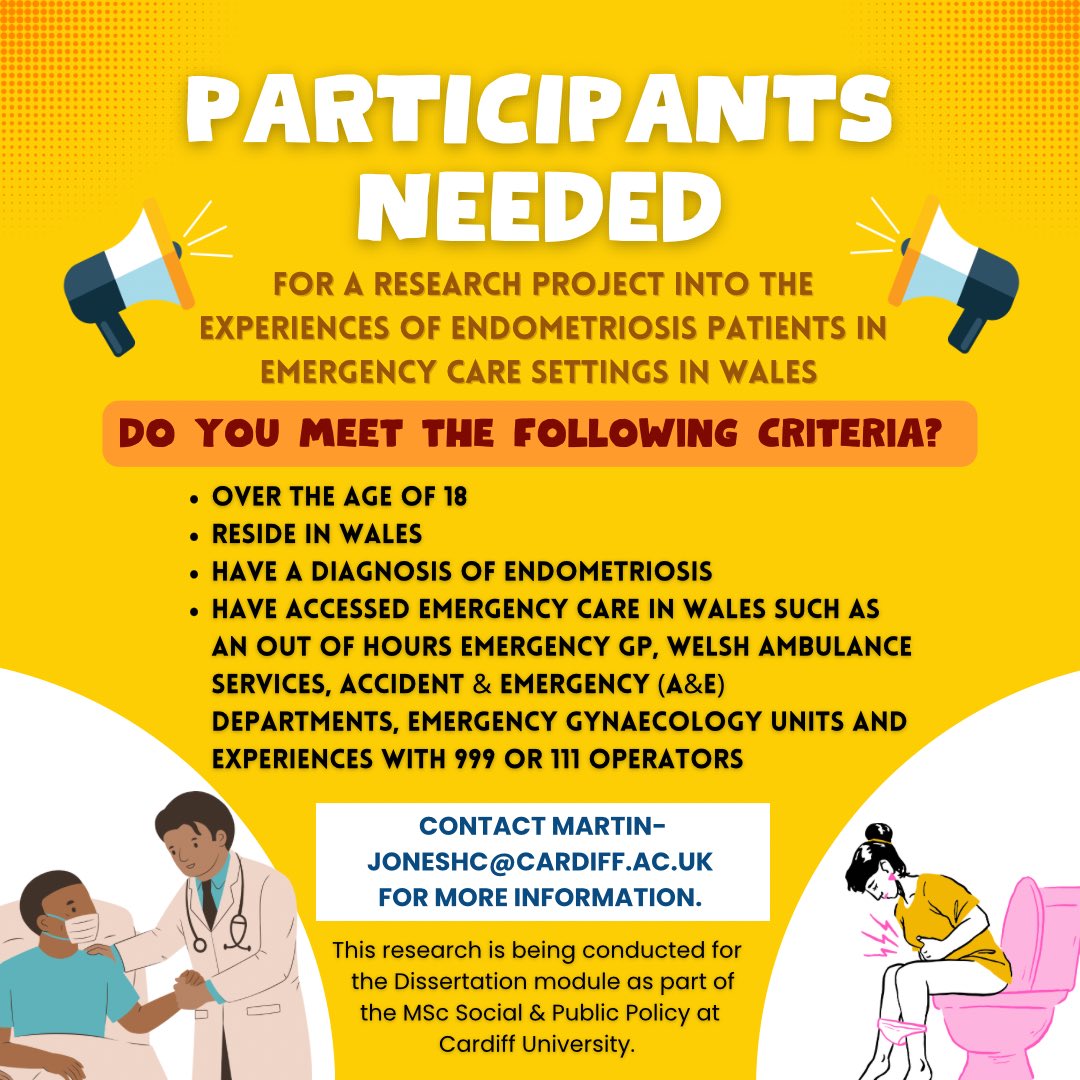 📣 Calling endometriosis patients in Wales! 📣

I am conducting research into the experiences of endometriosis patients in Wales, and how these experiences vary according to race, gender, sexuality, religion, disability etc. More information below ⬇️