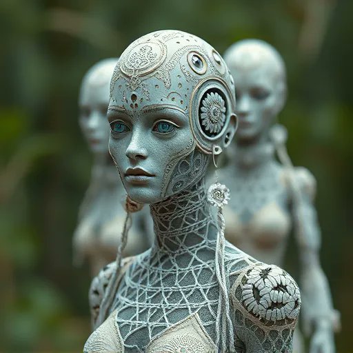 craftXandra's tweet image. Inspired by a comment I scrolled past on here... Here's the prompt too as it's too beautiful to gatekeep. 
Imagined new humanoid race made from recycled materials such a cotton, lace and rubber
#AIArtworkwomen #recycle #fastflux