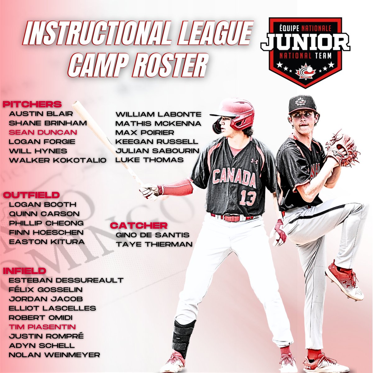 Baseball Canada Announces Junior National Team Roster for Dominican Fall Instructional League Camp  

Baseball Canada annonce l'alignement de son équipe junior pour le camp automnal en République dominicaine

🗞️ EN: bit.ly/47WvsHb
🗞️ FR: bit.ly/40379W9

#JNTDR