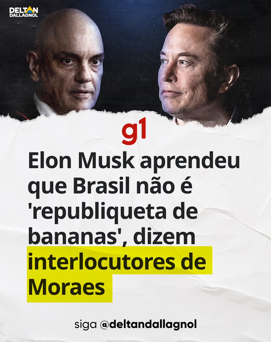 deltanmd's tweet photo. Interlocutores de Alexandre de Moraes dizem que Elon Musk aprendeu que o Brasil não é uma "republiqueta de bananas", publicou jornalista da GloboNews. É o contrário: o que Elon Musk aprendeu foi justamente que o Brasil é, sim, uma republiqueta de bananas.

Ele descobriu que temos uma Suprema Corte autoritária e censora, que suspende uma rede social em pleno processo eleitoral, privando mais de 20 milhões de brasileiros de se informarem e exercerem sua liberdade de expressão.

Ele achou que, ao expor os abusos reiterados do Supremo e as ordens ilegais de Moraes, o Congresso Nacional, especialmente o Senado, se mobilizaria para conter os abusos e punir um ministro que reiteradamente viola a lei e comete crimes de responsabilidade.

Ele pensou que a imprensa nacional, ao ser confrontada com os abusos e o regime de censura de Moraes, fiscalizaria o ministro e faria uma análise crítica de seus atos e decisões. No entanto, deparou-se com uma imprensa submissa e aparelhada, composta por jornalistas que, com poucas e honrosas exceções, defendem a censura e o autoritarismo.

Ele aprendeu que temos um STF que é tigrão com o X, mas tchuchuca com empresários, políticos e empresas que confessaram ter cometido corrupção, entregaram provas e devolveram dinheiro roubado. Este mesmo STF, que multa o X em 28 milhões, é a mesma corte que suspende bilhões em multas das empresas que fizeram acordos de leniência.

Ele imaginou que o povo brasileiro, ao ver um juiz autoritário atropelar a Constituição, violar as leis e sufocar suas liberdades, iria para as ruas se manifestar contra a opressão. No entanto, observou a população permanecer inerte enquanto os poderosos de Brasília continuam a nos sufocar.

Você concorda? Deixe sua opinião nos comentários 👇