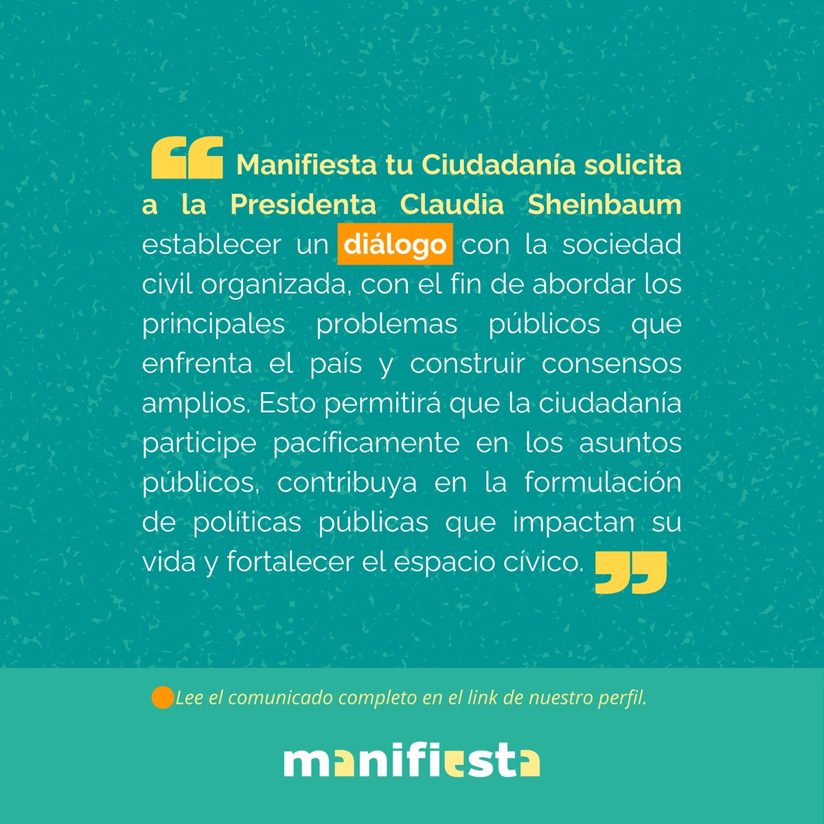 IManifiesta's tweet photo. 📢 Comunicado de prensa. Hacemos un llamado a la presidenta constitucional a fortalecer la colaboración y el diálogo con la sociedad civil para el fomento del espacio cívico.
🤝 #NoNosFallesPresidenta
🔗 Lee el comunicado completo en el siguiente encale: https://t.co/aEO5iadJkP https://t.co/m9VsENfJWz