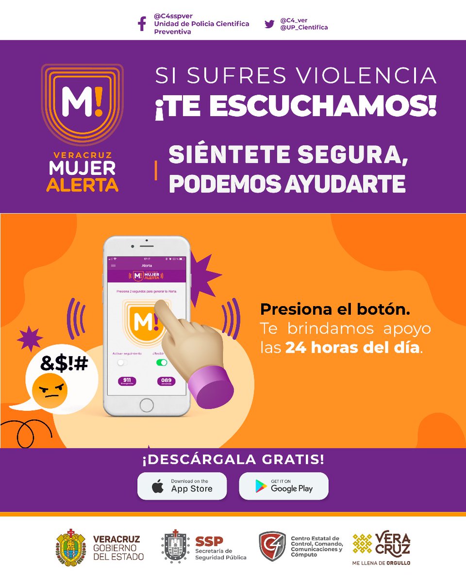 SP_Veracruz's tweet photo. ¡Si te encuentras en una situación de peligro, presiona el botón de #MujerAlerta! Esta es una aplicación gratuita, para generar una alerta en caso de emergencia por violencia de género. 
⬇️ Descárgala en: 
iOS | https://t.co/9FKlO3KG8F 
Android | https://t.co/esZza4Dk8u https://t.co/lpNDvgJ8Mc