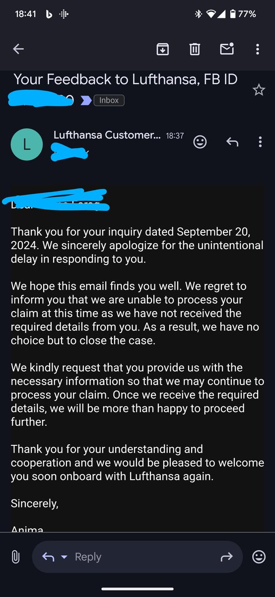 tweetmi_dk's tweet photo. After 25 emails with @lufthansa @eurowings this is the standard bullshit.

#shittyairlines https://t.co/GXWKgRzAoI