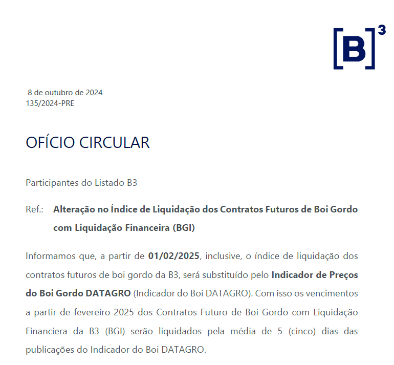 RenanKuhn3's tweet photo. Pra quem não viu e opera #boi, informação importante. A partir de Fevereiro de 2025 a liquidação dos contratos futuros de boi gordo (#BGI) passara a ser feito pela média do Datagro e não mais pelo CEPEA. #bgifut #CEPEA #DATAGRO @DATAGRO https://t.co/N1ySpfhF4W