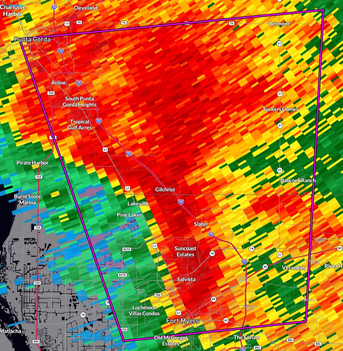 ryanhallyall's tweet photo. PDS Tornado Warning continues for Fort Myers FL, North Fort Myers FL and Punta Gorda FL until 1:00 PM EDT. 
This is a PARTICULARLY DANGEROUS SITUATION, SEEK SHELTER! 
We’re tracking this LIVE now: https://t.co/6x5imMexCM https://t.co/R5TMI7nH4H