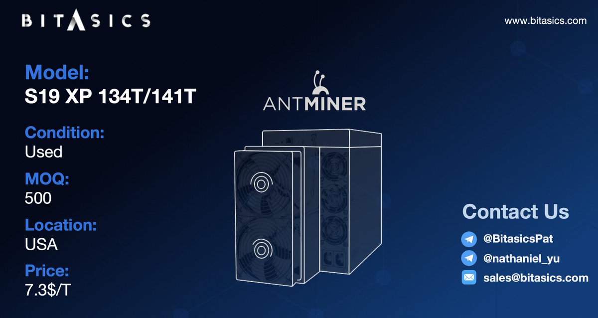 Bitasics's tweet image. #AntminerS19XP (Used) priced at 7.3$/T located in the US. Feel free to reach out to us for more details! #Antminer #Bitcoin