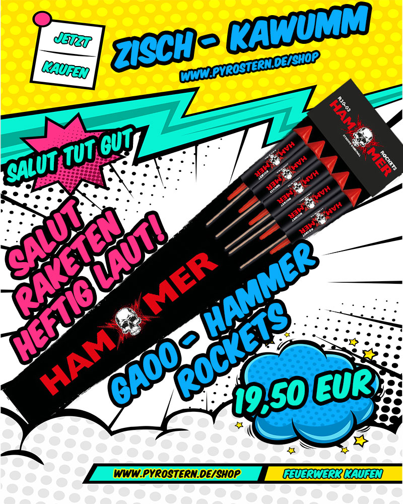 PyroStern's tweet image. Woo-Hoo! 
Die Hammer Rockets von Gaoo Fireworks sind beeindruckende Salturaketen, die für ihren kraftvollen und lauten Knall bekannt sind. 
Diese und noch mehr Feuerwerkskörper gibt's in unserem FeuerwerkShop: pyrostern.de/shop