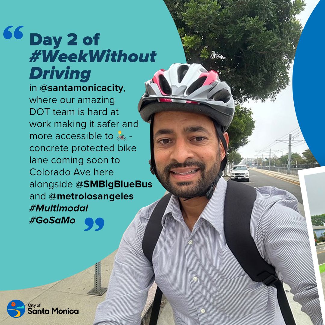 santamonicacity's tweet image. Santa Monica's Director of Transportation joined the #WeekWithoutDriving challenge—now we want to know how your experience went!

Share your stories, photos, and videos from #WWOD: Your insights help us build a more accessible and sustainable community! 💬📸 #GoSaMo