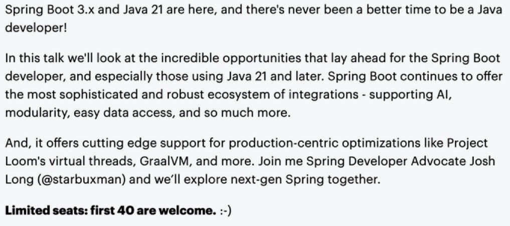 Central Amsterdam, Friday, the day after tomorrow, <a href="/starbuxman/">Josh Long</a> on <a href="/springboot/">Spring Boot</a> and #Java, sign up quick here: meetup.com/amsterdam-java…