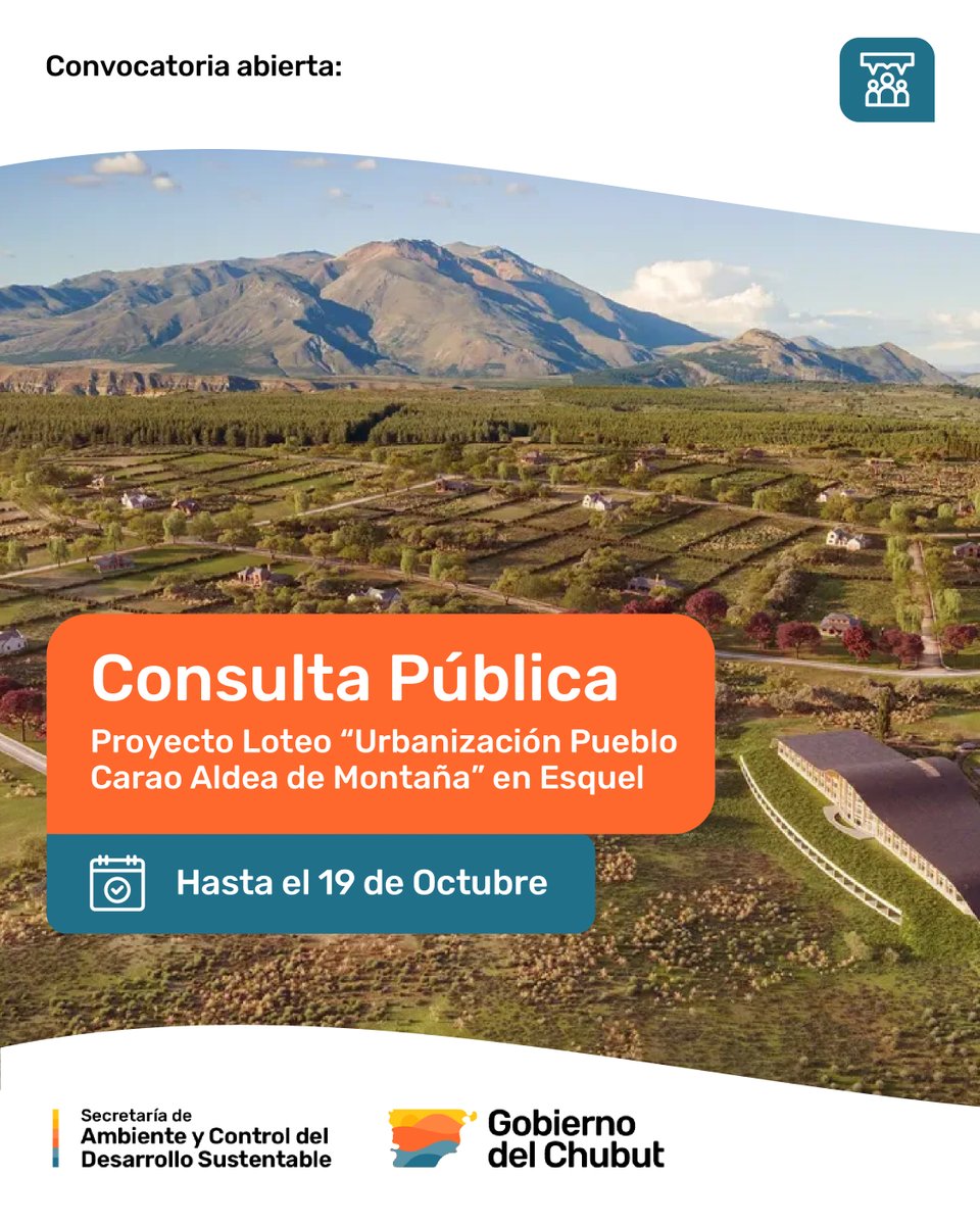 Se convoca a Consulta Pública a partir del día de la fecha y por el término de DIEZ días corridos respecto al Proyecto de Loteo “Urbanización Pueblo Carao Aldea de Montaña” presentado por la empresa Compañía de Desarrollo Sur en la ciudad de Esquel.

ambiente.chubut.gov.ar/consulta-publi…
